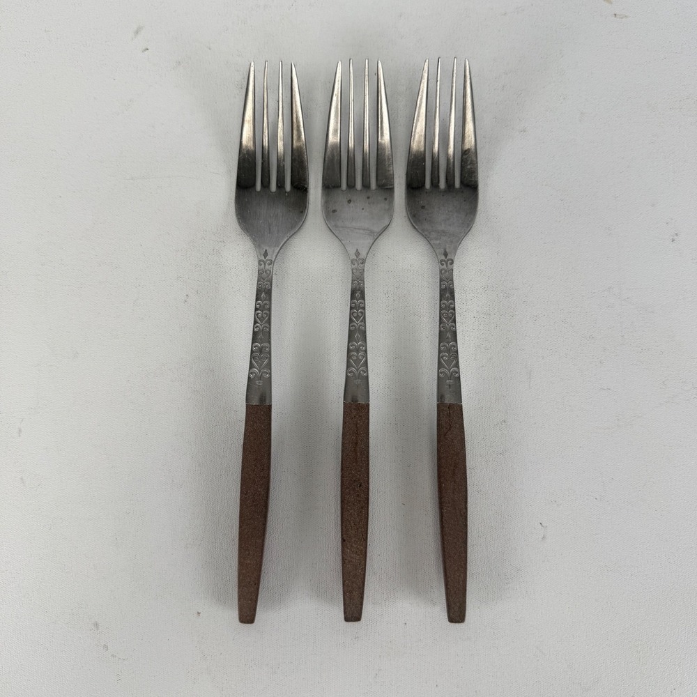 VTG Interpur Stainless Flatware 3 Pcs DINNER FORKS 8" Brown Canoe Wood Japan
